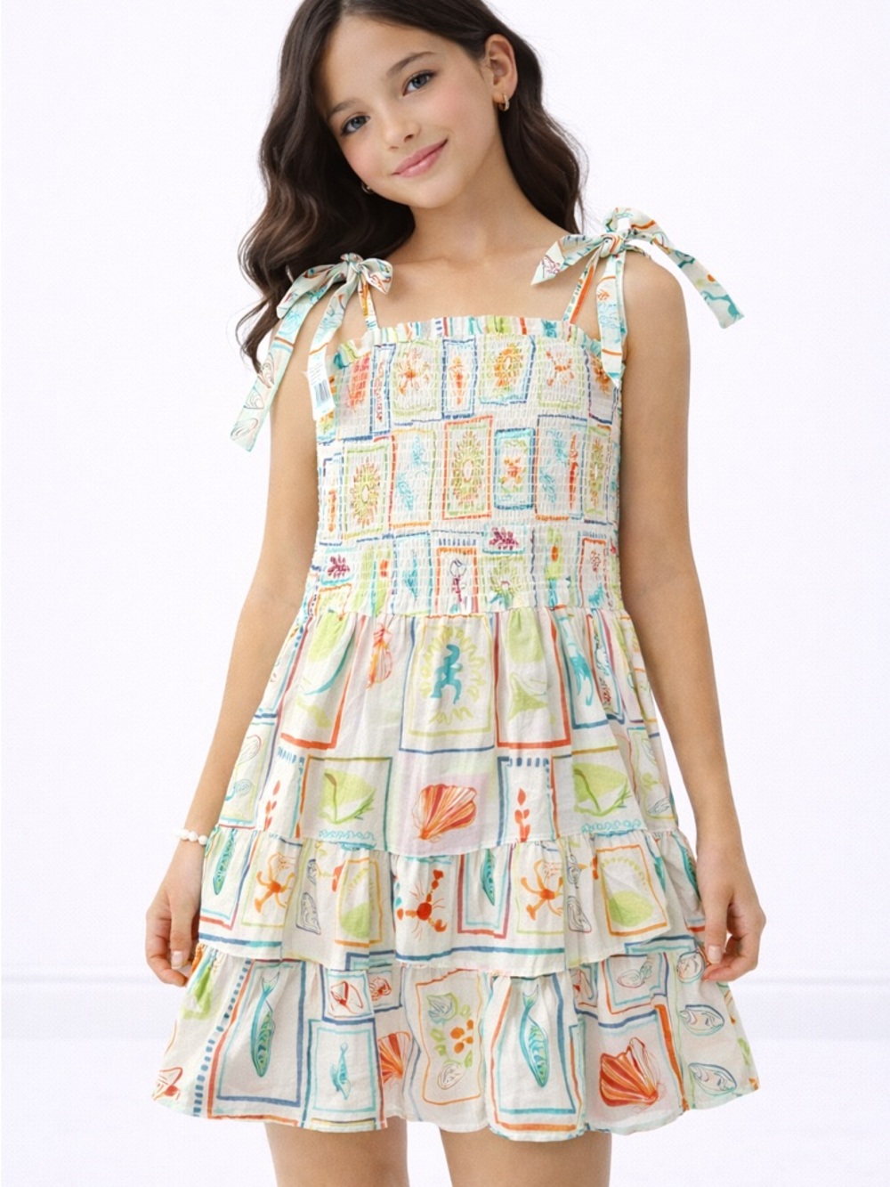 J.Marie Girls Lucia Tie Strap Smocked Tiered Dress White Size 14 NWT
